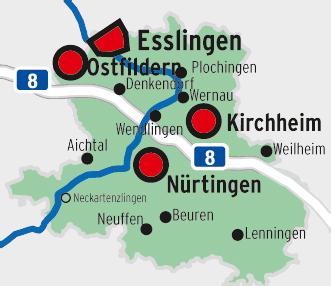 Städte 4) Esslingen am Neckar Nürtingen Kirchheim unter Teck Ostfildern Wendlingen Plochingen Wernau Neuhausen a. d. Fildern Denkendorf Aichtal Weilheim an der Teck 91.271 EW 40.535 EW 40.094 EW 38.