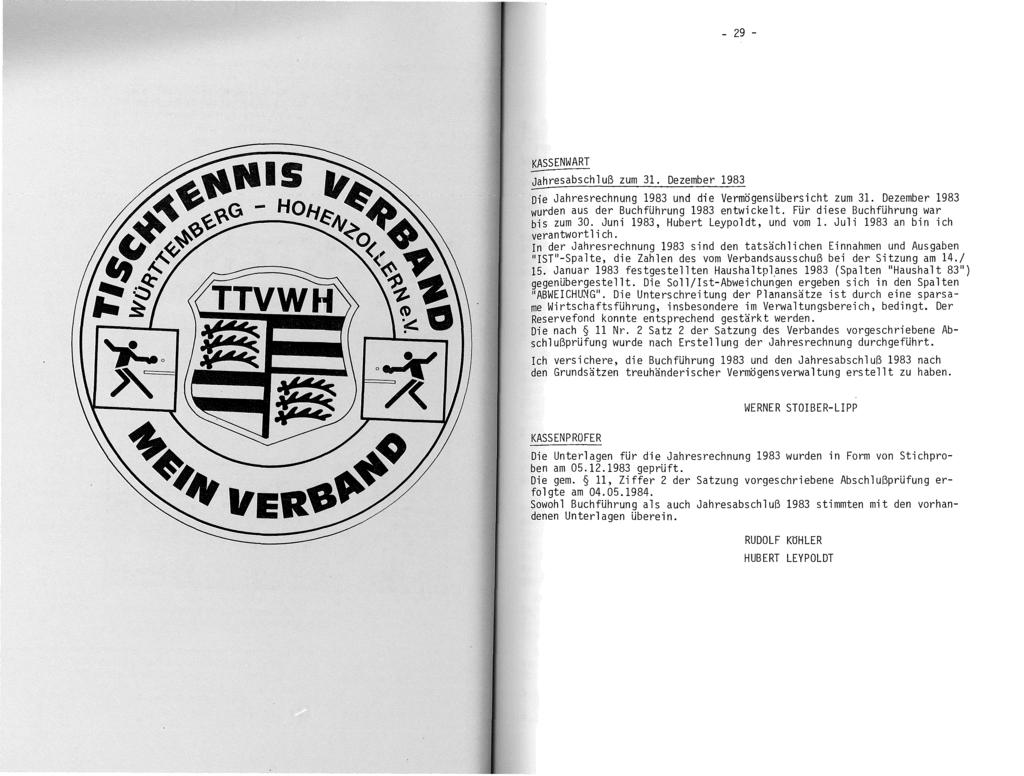 - 29 - KASSENWART resabschluß zum 31. Dezember 1983 Die Jahresrechnung 1983 und die Vermögensübersicht zum 31. Dezember 1983 wurden aus der Buchführung 1983 entwickelt.