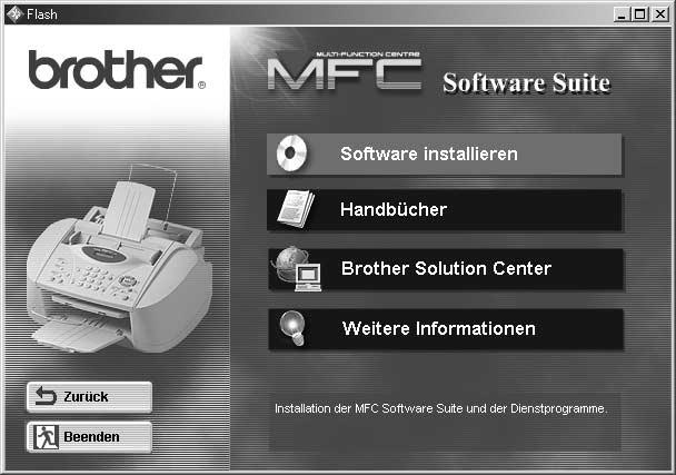 PC-Anschluss und Software-Installation Bevor Sie beginnen Sie müssen das MFC wie unten beschrieben anschliessen und die Brother-Treiber installieren, um es als Drucker und