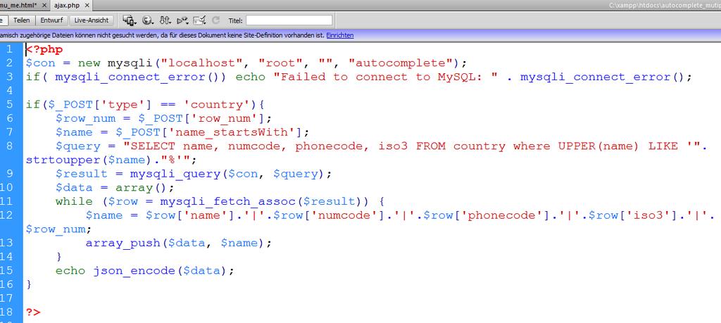 2b)PHP-Datei php script for jquery autocomplete for multiple textfields. ajax.php: inklusive der Verbindung zum Server. Info: In Zeile 5 ist das die Tabelle in der Datenbank (country) <?