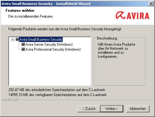 Installation Avira Professional Security Schützt ihre Windows Workstations Avira Server Security Schützt Ihre Windows Server Klicken Sie auf Weiter, um die markierten Produkte der Avira Small