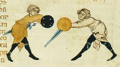 Der Gegner reagiert mit einem Stich aus der Krucke (aus der Mitte). Die mittelalterlichen und frühneuzeitlichen Fechtbücher bilden mit ihren Illustrationen einen eigenen Texttypus.