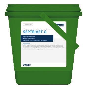 SEPTRIVET G FLÄCHENDESINFEKTIONSMITTEL PULVERKONZENTRAT SEPTRIVET G ist ein innovatives Desinfektionsmittel zur sicheren Desinfektion von Flächen, Einrichtungen und Geräten im Tierhaltungsbereich.