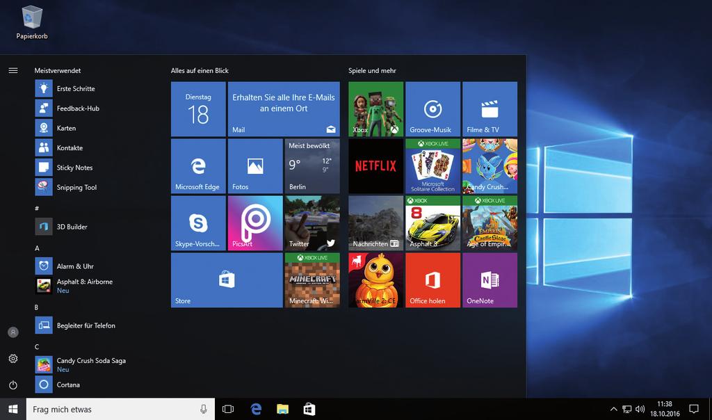 1 Der schnelle Einstieg in Windows 10 Das neue Windows 10 Desktop, Apps und vieles mehr Unter Windows 10 steht Ihnen nach der Anmeldung der Desktop zur Verfügung.