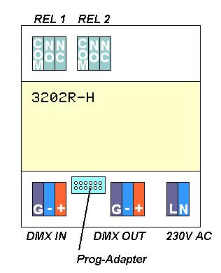 Anschlüsse Das Relais 3202R-H verfügt über Anschlußpunkte für 5 Ein- und Ausgänge: CN6 DMX-Eingang 1 grau Masse, GND 2 blau -DMX 3 orange +DMX CN7 DMX-Ausgang 1 grau Masse, GND 2 blau -DMX 3 orange