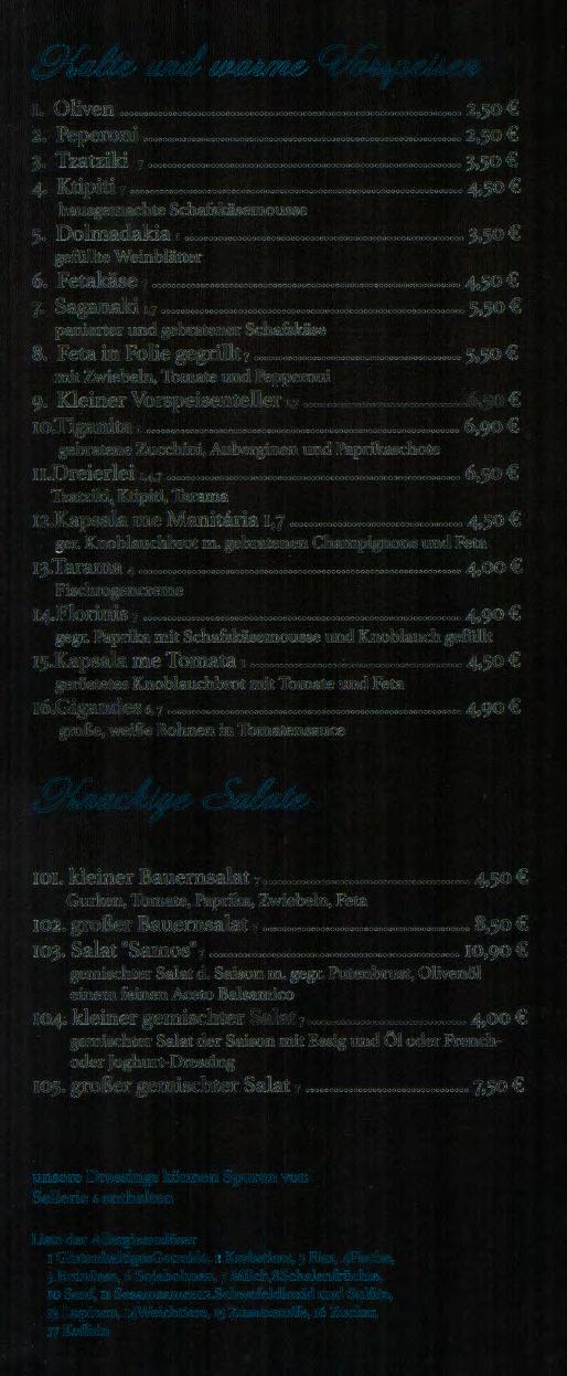 1. Oliven... 2,50 2. Peperoni... 2,50 3. Tzatziki 1........... 3,50 4. Ktipiti 1 4,50 hausgemachte Schafskäsemousse 5. Dolmadakia 1............... 3,50 gefüllte Weinblätter 6. Fetakäse 1.... 4,50 7.