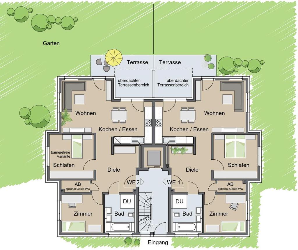 WESTEN Grundriss Erdgeschoss WE 1: 3- Zimmer-Wohnung ca. 89,2 m² Wohnfläche (Brutto = n. WflVO) ca. 140 m² Garten ca.