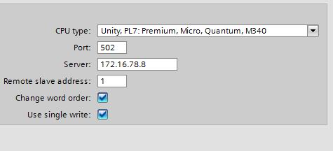 5 In den Parametereinstellungen der Verbindung nehmen Sie folgende Änderungen vor: CPU Typ: Unity, PL7: Premium, Micro,