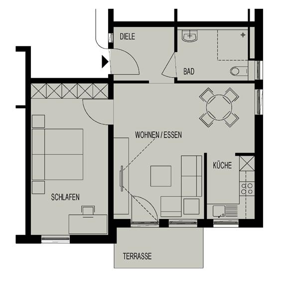 Wohnungstyp A DIELE 5,38 m² WOHNEN/ ESSEN 23,35 m² KÜCHE 3,84 m² TERRASSE (1/2) 2,77 m² BAD 5,53 m² SCHLAFEN 15,10 m²