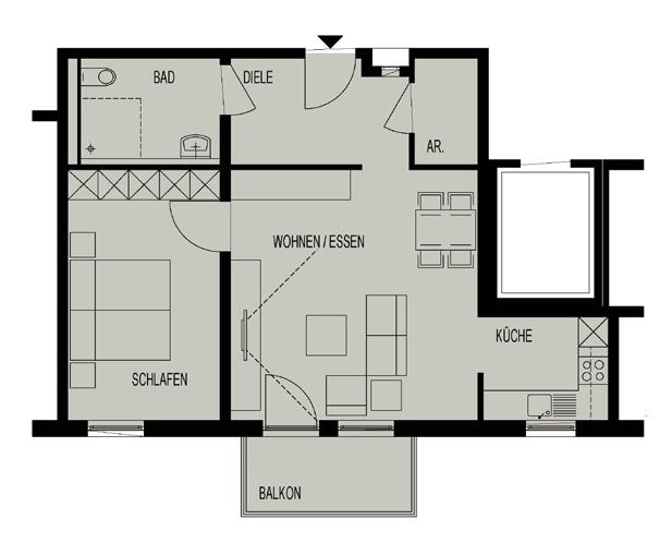 Wohnungstyp E DIELE 7,18 m² WOHNEN/ ESSEN 24,50 m² KÜCHE 5,13 m² BALKON (1/2) 2,77 m² BAD 5,53 m² SCHLAFEN 15,10