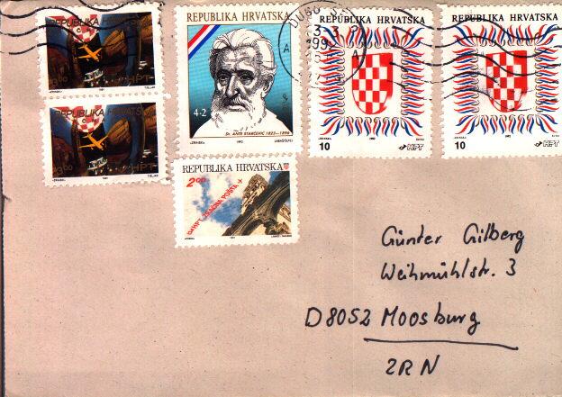 1991 Non-Standardbrief bis 20g 4,50 Din (jug) Die 2. und 3. Flugpostmarke Kroatiens (untere Marke und senkrechtes Paar links) konnten auch ins Ausland verwendet werden.