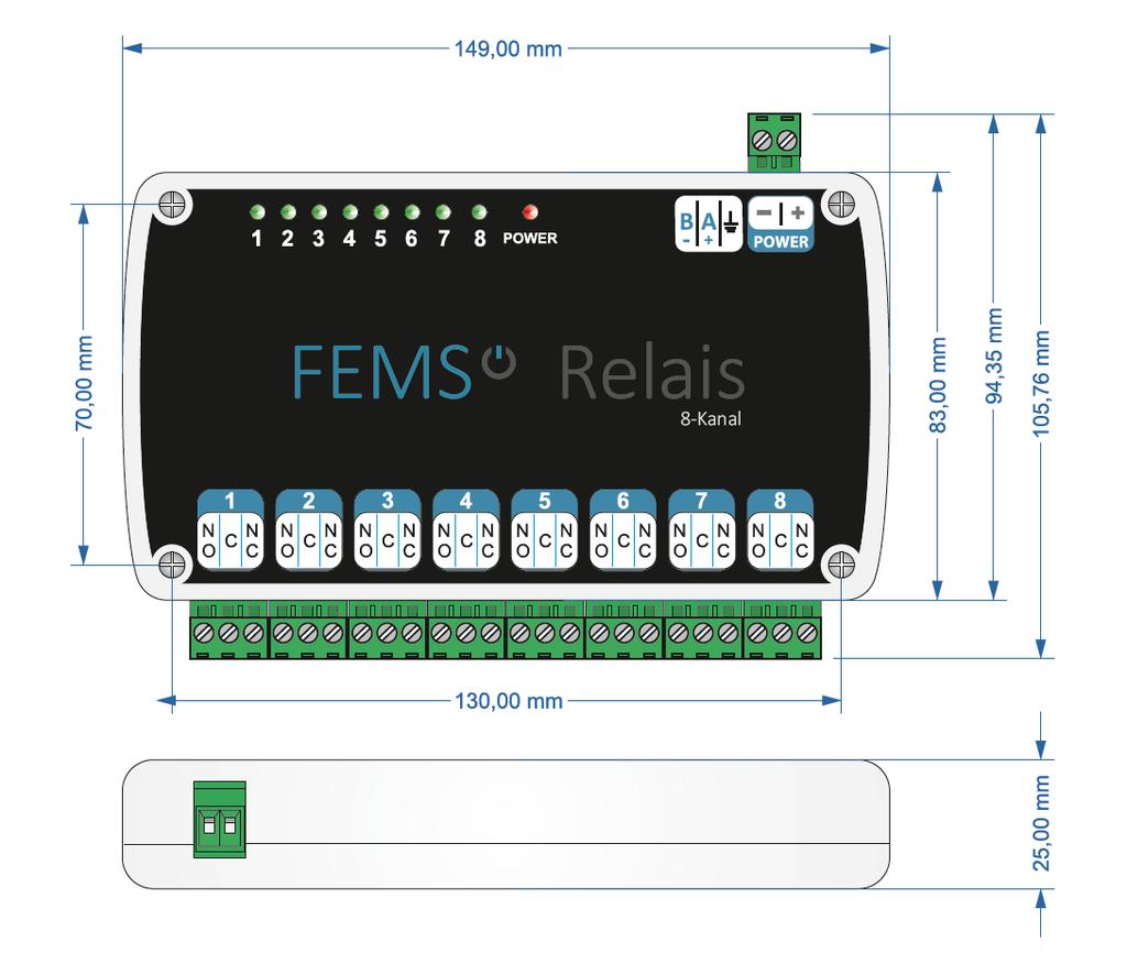 2.3 Technische Daten Logische Ansteuerung: Modbus/RTU über RS485-Bus Versorgung: 9-24 VDC/1 A Funktion: 8 Relais, die jeweils als Öffner oder Schließer verwendet werden können.
