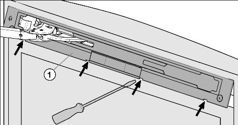 Inbetriebnahme 4.3.1 Oberen Schließdämpfer abnehmen u Lagerteil Fig. 5 (8) abschrauben und um 180 gedreht auf die Gegenseite umsetzen. Schraubenlöcher evtl. vorstechen oder Akkuschrauber verwenden.