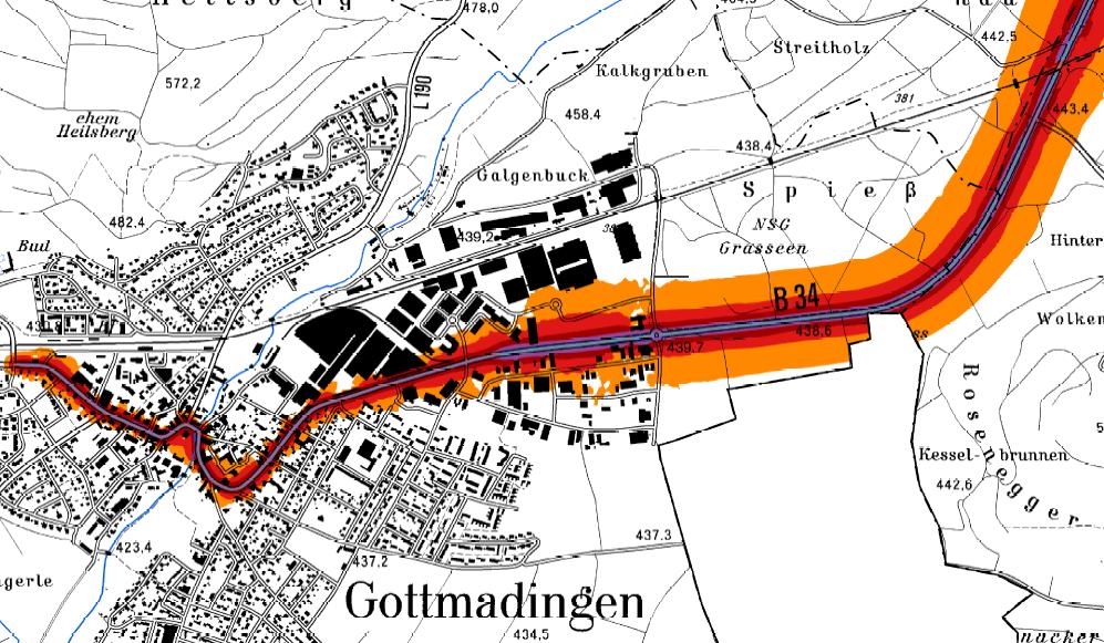 Seite 19 Gemeinde Gottmadingen Abbildung 7: Lärmkartierung Gottmadingen 2. Stufe, Hauptverkehrsstraßen (Quelle: LUBW 2012) 2.1.4 
