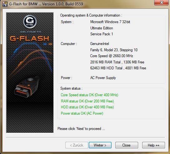 The software now automatically checks the system status of the laptop computer. In case all items have been highlighted green, G- FLASH can be used with this computer, if not use a different computer.