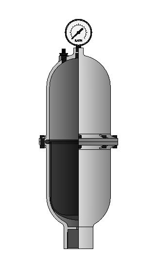 2.25 Hydraulisches/Mechanisches Zubehör 2.25.3 Pulsationsdämpfer Pulsationsdämpfer mit Trennmembran/Blase/Balg zur Trennung zwischen Gaspolster und Dosierchemikalie werden eingesetzt für