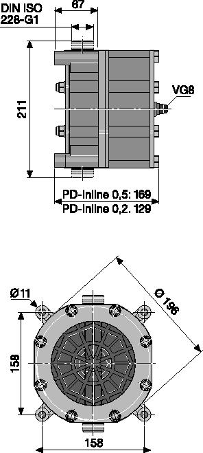 1.8 Hydraulisches/Mechanisches Zubehör 1.8.6 Membranspeicher Inline-Pulsationsdämpfer PVDF 1 Funktion: Hydropneumatischer Speicher mit Umlenkung Der PVDF-Speicher mit PTFE-Membrane hat eine sehr gute