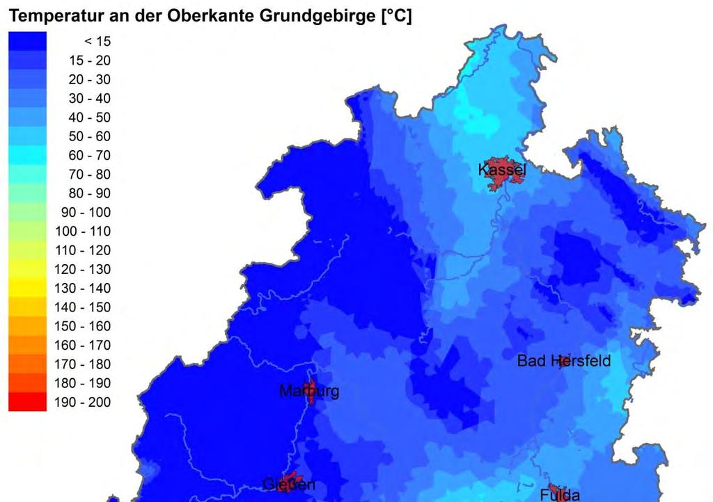 Temperatur an der Oberkante Grundgebirge Im Oberrheingraben werden an der Oberkante des Grundgebirges bereits Temperaturen von mehr als 130 C erreicht.
