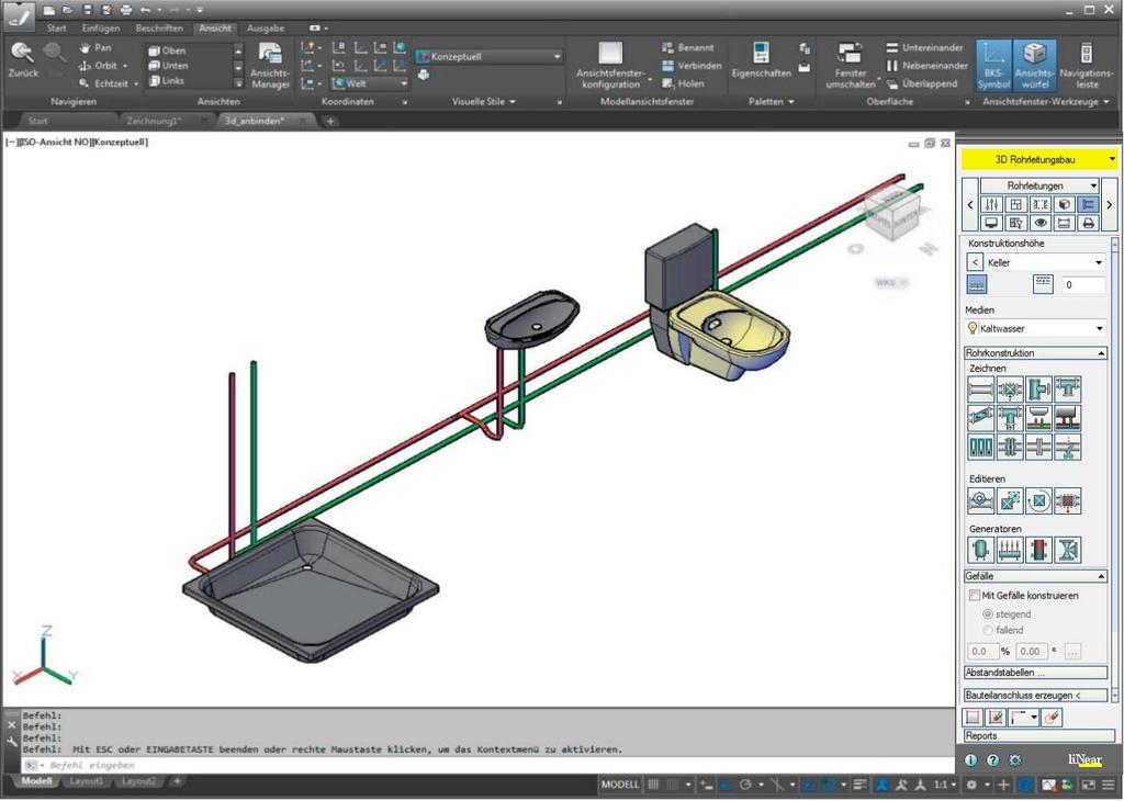 Bauteil-Zeichnungen in denen Bauteilanschlüsse definiert sind stehen anschließend mit den Funktionalitäten der 3D-Rohrleitungs-Konsturktion zur Verfügung.