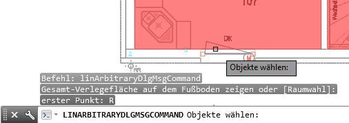 Sobald Sie mit eine Verlegefläche erzeugen, erscheint in der AutoCAD Befehlszeile die Option Raumauswahl.
