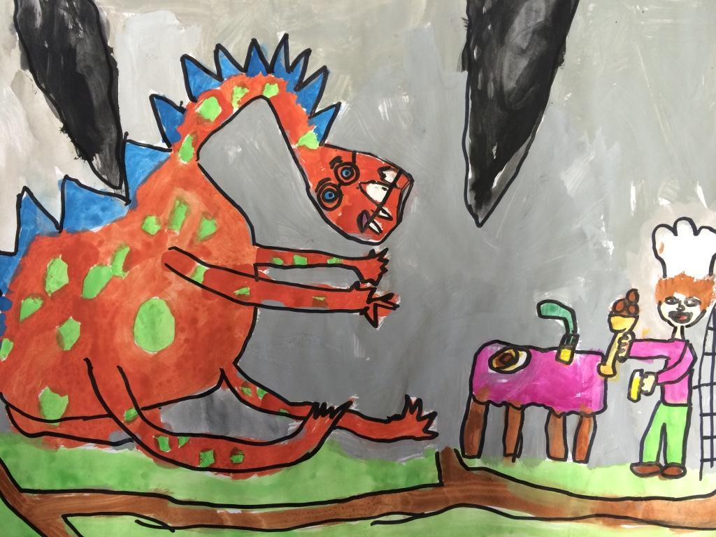 Im Bild sieht man den Drachen und Oskar, der durch seine köstlichen Speisen das Herz des Drachen gewinnt. Auch wurde in der Darstellung die Brille gezeichnet, die den Drachen besser sehen lässt.