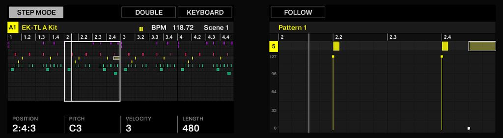 Beats im Step-Sequencer entwickeln Im Step-Modus einen Beat aufbauen Die 16 Pads mit dem zweiten Viertel des Patterns (das Pattern ist vier Takte lang). 1. Drücken Sie PATTERN und stellen Sie mit Drehregler 4 die Pattern-Länge ein.