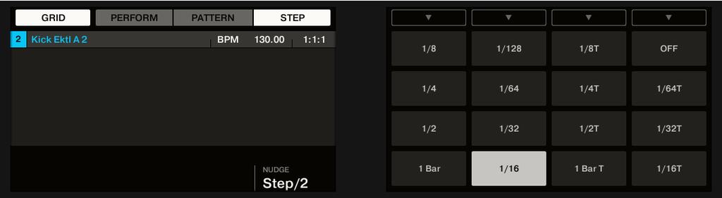 Beats im Step-Sequencer entwickeln Ihr Project speichern Tun Sie folgendes, um mit dem Controller die Auflösung des Step-Grids zu ändern: 1. Drücken und halten Sie den GRID-Button. 2.
