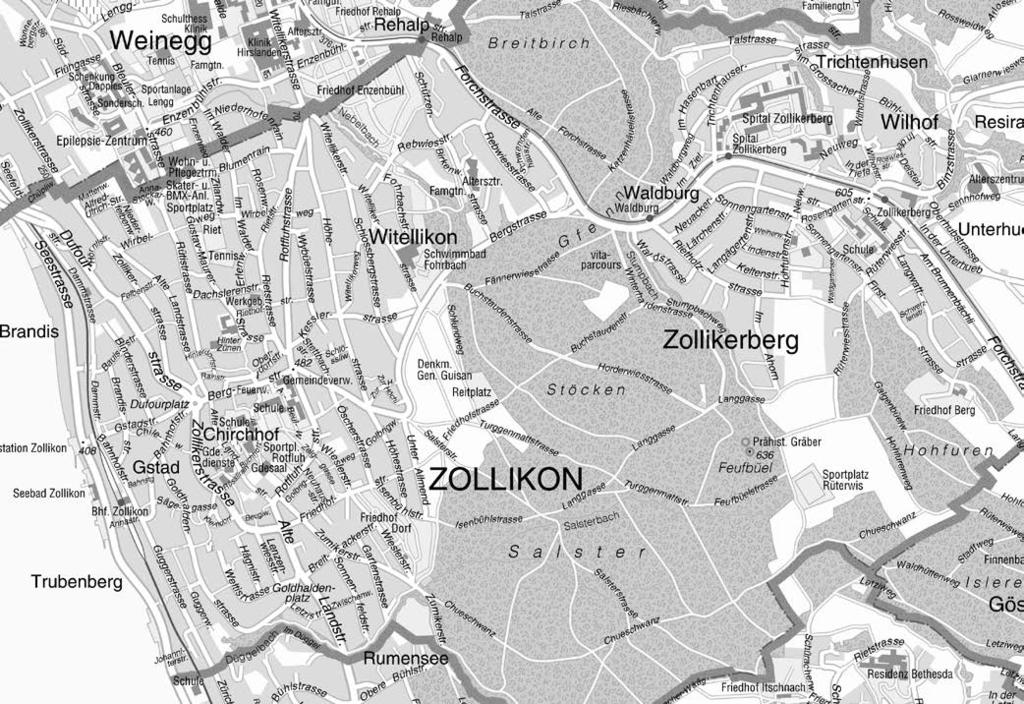 Übersichtsplan Standorte der Sammelstellen Zollikon und Zollikerberg mit Legende Sammelstellen ➊ Hauptsammelstelle Zollikon, Dachslerenstrasse 15 ➋ ➌ ➍ ➎ ➏ Alterssiedlung Rebwiesstrasse, Zollikon