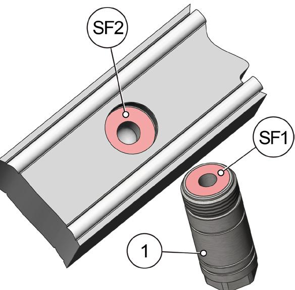 png 4) Kontrollieren Sie das Tuschierbild auf der Kontaktfläche in der Gewindebohrung des Heißkanalverteilers (SF2) und der Kontaktfläche (SF1) des Angussbuchsen Grundkörpers (1).