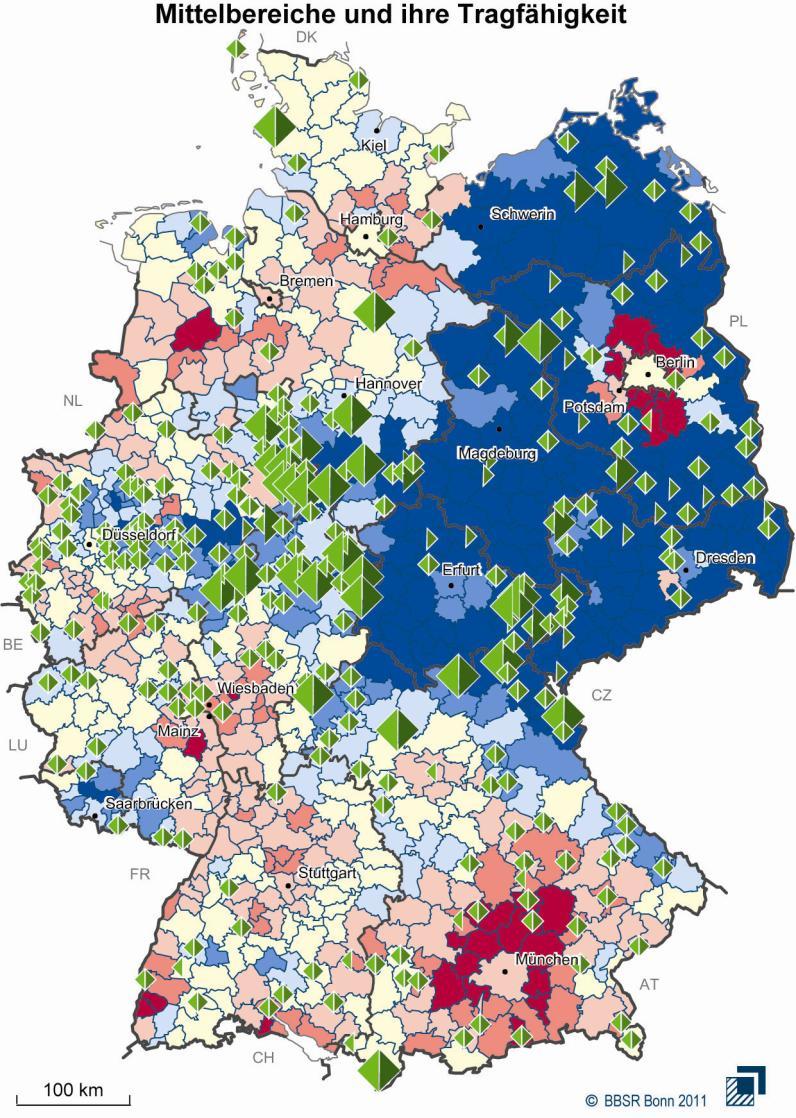 Gefährdung der Tragfähigkeit in Mittelbereichen Änderungen in Zahl und Altersaufbau der Bevölkerung können in Einzugsbereichen zentraler Orte zu