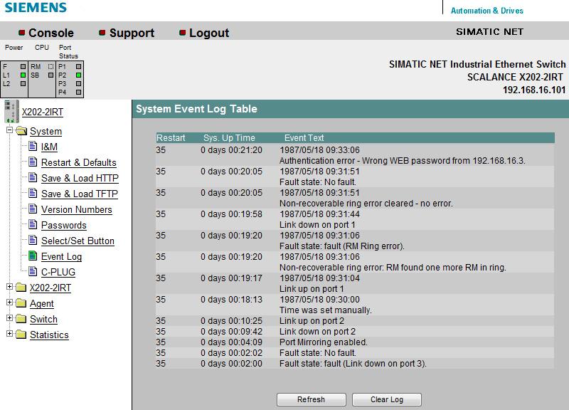 5.1 Das Menü System 5.1.9 Event Log System Event Log Table Diese Seite zeigt an, wann welche Ereignisse aufgetreten sind. Die Ereignisstabelle kann über HTTP bzw.