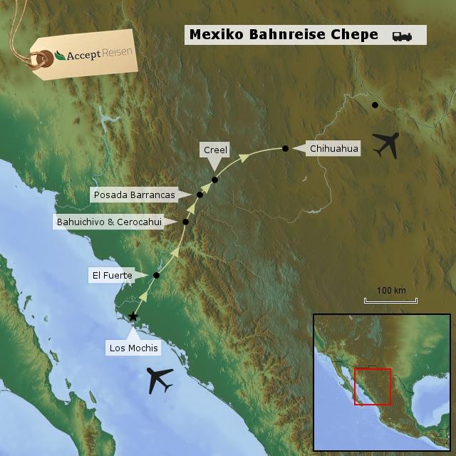 Die Bahnreise mit dem legendären Chepe, eigentlich Ferrocarril Chihuahua al Pacífico genannt, zählt zu den spektakulärsten Zugfahrten der Welt.