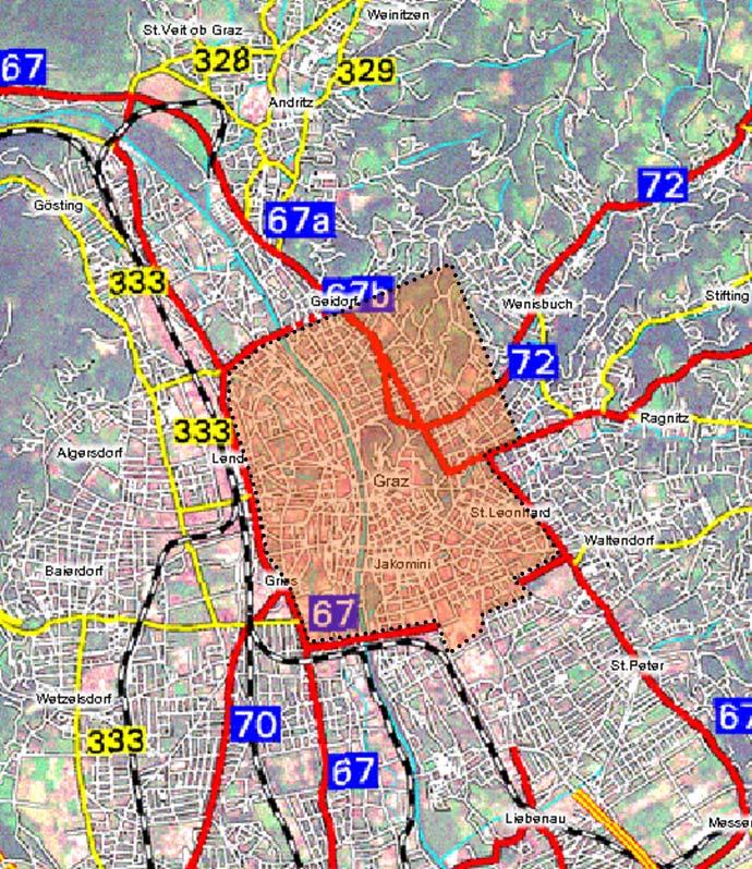 City Toll example Graz European Capital of fine dust Simulation of effects of a City Toll for the extended city centre of Graz, Austria Integrated air quality modelling approach: NEMO + GRAL Analysis