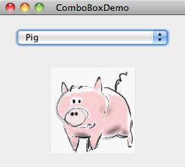 Aufklappbare Auswahlliste (JComboBox) Eine ComboBox ist eine Schaltfläche, die bei Drücken eine Auswahlliste aufklappt. Es kann nur ein Element aus der Auswahlliste ausgewählt werden.