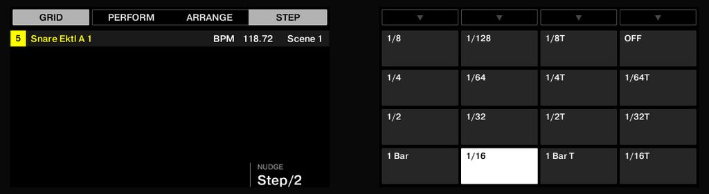 Beats im Step-Sequencer entwickeln Das Step-Grid einstellen 1. Drücken Sie SHIFT + FOLLOW (Grid). 2. Drücken Sie Button 4 für STEP und greifen Sie auf die Auflösung des Step-Grids zu.