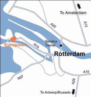 Dort weiter geradeaus auf die N5 in Richtung Europoort. Das Terminal in Rotterdam-Europoort liegt etwa 40 Kilometer vom Rotterdamer Stadtzentrum entfernt.