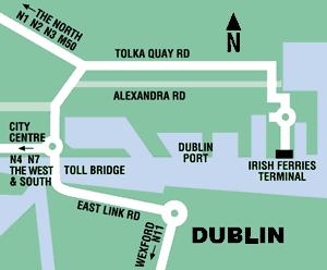 Oder fahren Sie normal in die Stadt und fahren Sie am nördlichen Liffey Ufer in Richtung Osten/Dublin Port/Irish Ferries - aus allen anderen Richtungen: fahren Sie ins Stadtzentrum; halten Sie sich