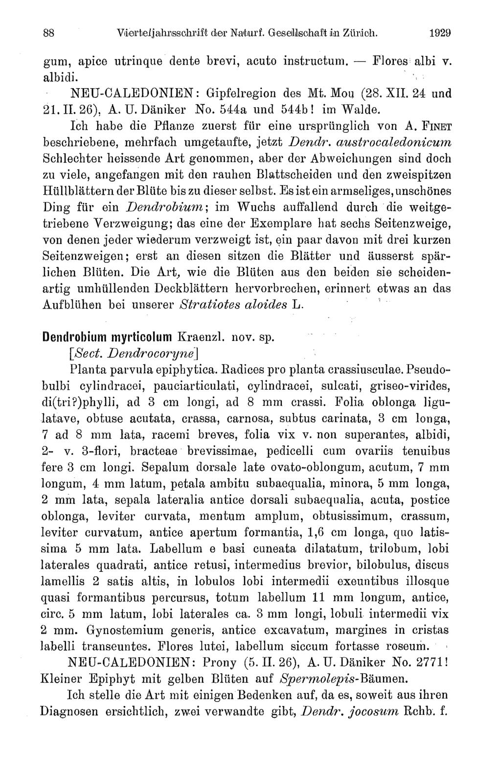 88 Vierteljahrsschrift der Naturf. Gesellschaft in Zürich. 1929 guru, apice utrinque dente brevi, acuto instructum. Flores albi v. albidi. NEU-CALEDONIEN : Gipfelregion des Mt. Mou (28. XII.