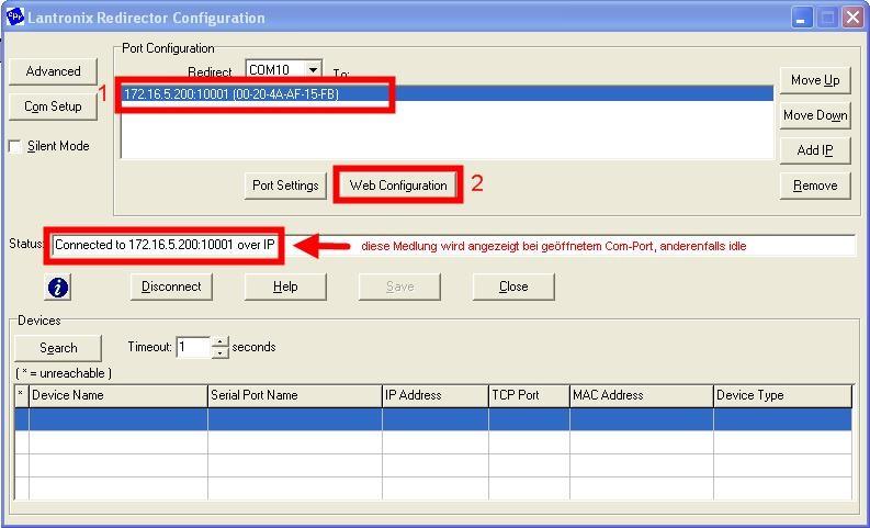 6) Aufrufen der Web Configuration Die sogenannte Weboberfläche der Lantronix-Schnittstelle ermöglicht eine erweiterte Konfiguration.