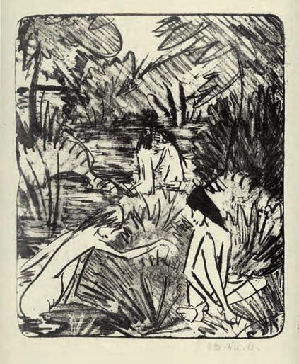 mm 1923 28 Waldsee mit 3 badenden und 1 sitzenden Mädchen
