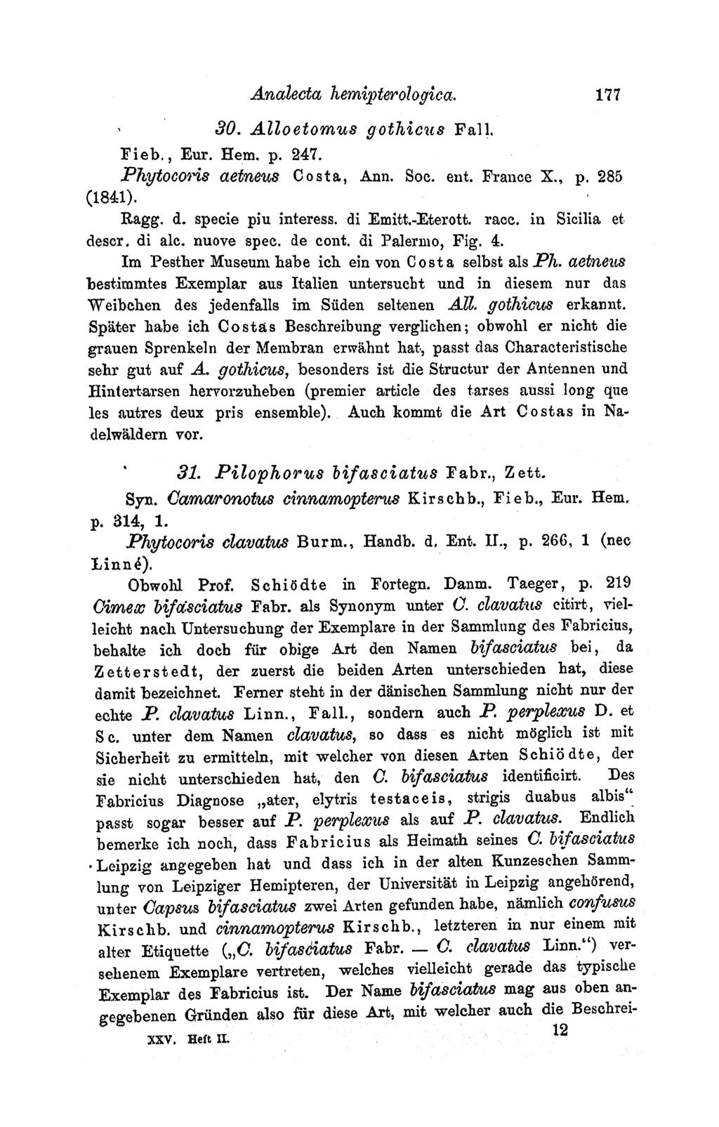 Anacecta Itemi'terologieca. 30. Alloetomus gothicus Fall. Fieb., Eur. Hem. p. 247. 177 Phytocos's aetneus Costa, Ann. Soc. ent. France X., p. 285 (1841). Ragg. d. specie piu interess. di Emitt.
