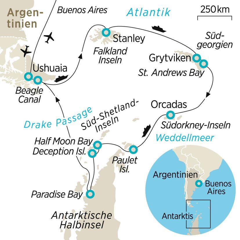 Höhepunkte der Reise Zodiacfahrten und Anlandungen in der Eiswelt die Inselwelt der Falklands und das Naturparadies von Südgeorgien die landschaftlichen Höhepunkte der Antarktischen Halbinsel