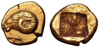 XI, 305 Ionia, Phokaia EL 1/24 Stater. Circa 560-545 BC. Head of ram left; below, small seal left / Incuse square punch.