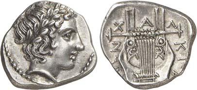 129 GRIECHEN MAKEDONIEN OLYNTH Für den Chalkidischen Bund, Tetrobol (2,40g). ca. 410-401 v. Chr. Vs.: Kopf des Apollon mit Lorbeerkranz n. r. Rs.