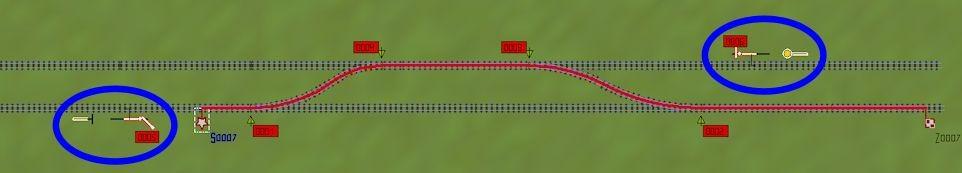 Alle Signale und Weichen, die nun innerhalb dieser Fahrstrasse liegen, wurden mit einer nur für die Fahrstrasse gültigen ID versehen und mit der Farbe unterlegt, die auch die Fahrstrasse kennzeichnet.