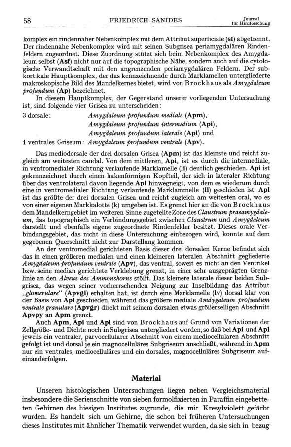 58 FRIEDRICH SANIDES Journal für Hirnforschung komplex ein rindennaher Nebenkomplex mit dem Attribut superficiale (sf) abgetrennt.