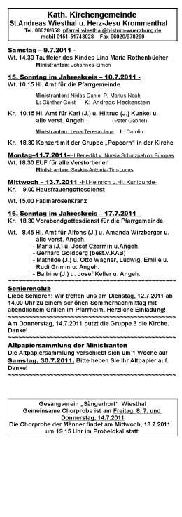 Gemeinde Wiesthal Kirchliche Nachrichten Evang.-Luth. Kirchengemeinde Herzliche Einladung zum Gottesdienst am Samstag, 9. Juli 2011 um 17.