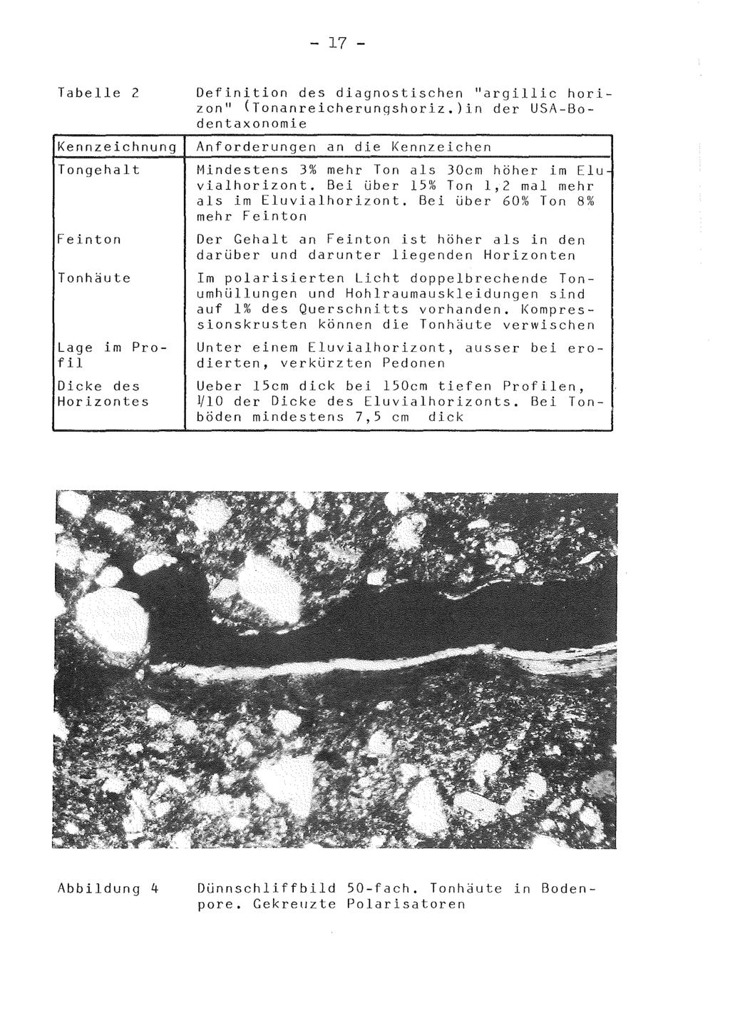 - 17 - Tabelle 2 Kennzeichnung Tongehalt Feinton Tonhäute Lage im Profil Dicke des Horizontes Definition des diagnostischen "argillic horizon" (Tonanreicherungshoriz.