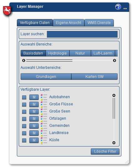 Layer Manager Zugriff auf unterschiedliche ArcGIS Server Kartendienste und WMS Dienste Metadatensuche Verwaltung Projektbezogener