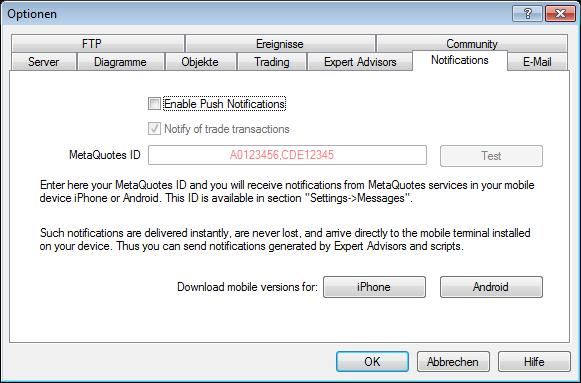 6. Nachrichten (Kontobezogene Nachrichten (Terminal) Über die von MetaQuotes bereitgestellte ID können Sie auch über die App informiert werden, wenn auf Ihrem PC- Terminal gehandelt wird.